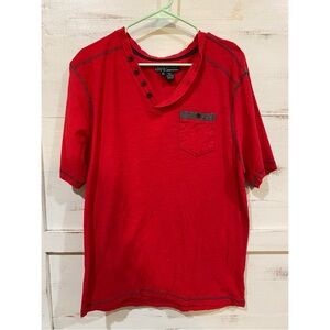 Mens V-Neck XL Red Shirt with Buttons and Pocket - Short Sleeves - Distortion